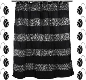 12pc  Bathroom Shower Curtain Set Classic Shower Curtain & 12 Shower Curtain Hooks Luxury Fabric Shower Curtain Unique Design Bling Black Shower