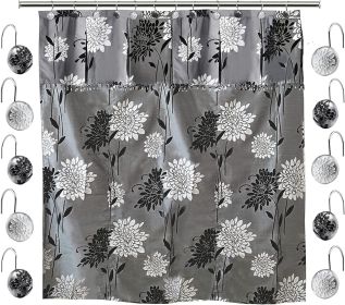 12pc Erica Bathroom Fabric Shower Curtain Sets Bathroom Shower Curtain & 12 Shower Bathroom Hooks Modern Classic Luxury Contemporary Decor Grey S