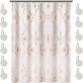 12pc Rose Vine Bathroom Sheer Shower Curtain Sets Sheer Shower Curtain & 12 Shower Bathroom Hooks Modern Classic Luxury Contemporary Decor Beige