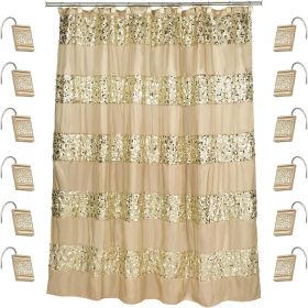 12pc  Bathroom Shower Curtain Set - Gold Curtain & 12 Champagne Hooks - Luxury Fabric Bling Unique Beautiful Set
