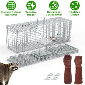 1Pc Humane Cat Trap Cage With Gloves Catch Release Live Animal Rodent Cage Collapsible Galvanized Wire For Raccoons Beavers Groundhogs Foxes Arma (Option: Silver)