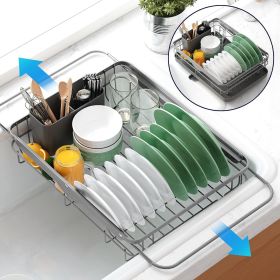 Dish Drying Rack for Kitchen Counter, Stainless Steel Sink Organization and Storage Essentials with Cutlery Holder, Home and Appartment Decor (Color: Gray  12.2''W x 15.7''~23''L - 1 Tier)